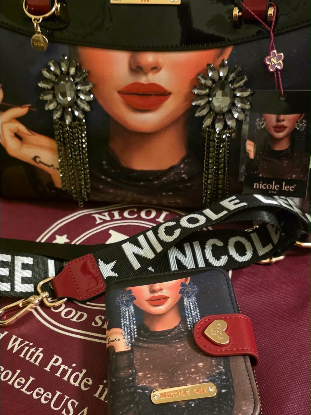 Nicole Lee Black and Red Portrait Cardholder with Branded Strap